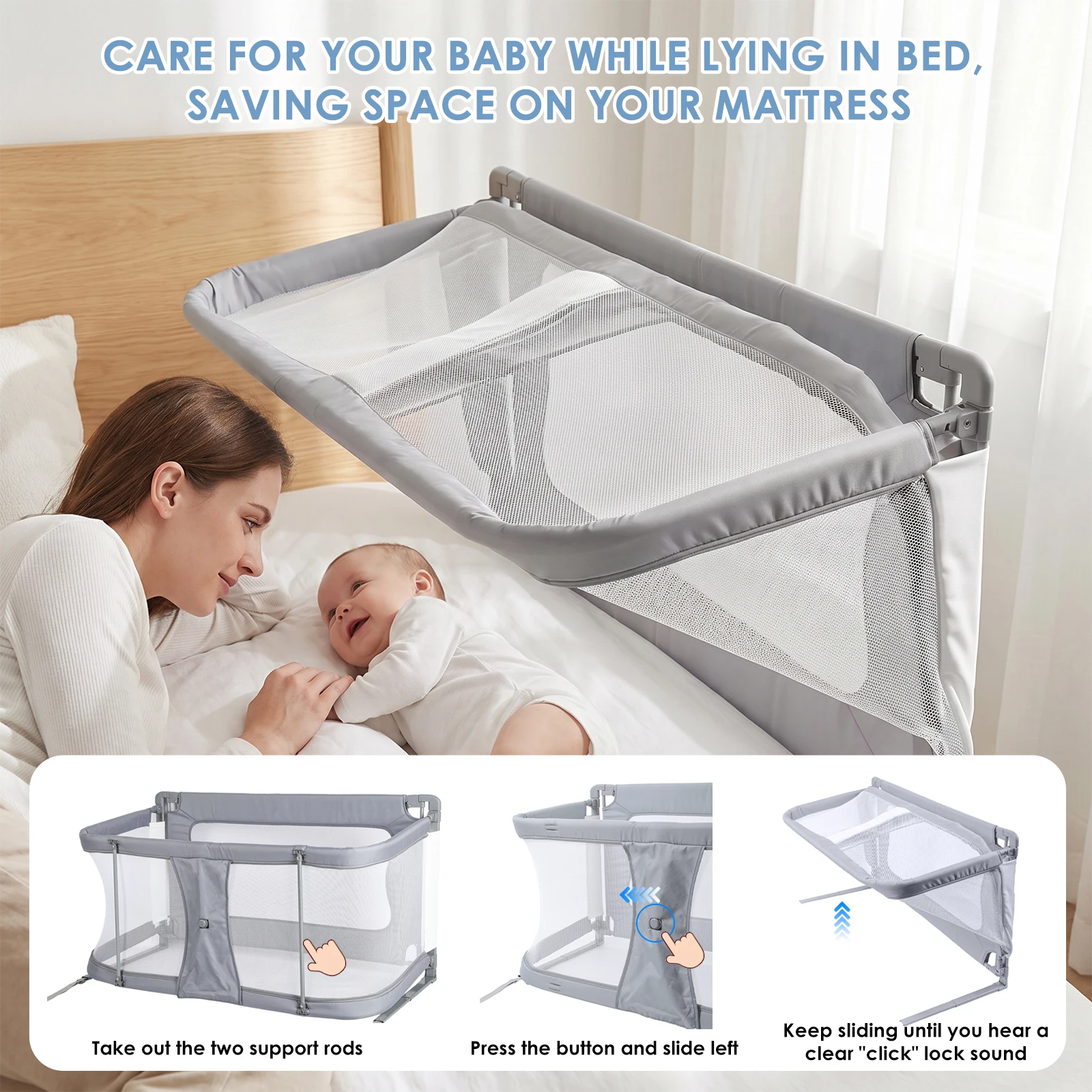 Baby bassinets bedside sleeper, co sleeping bed for baby, for co sleeper for baby in bed, Portable Crib, breathable and visible mesh window