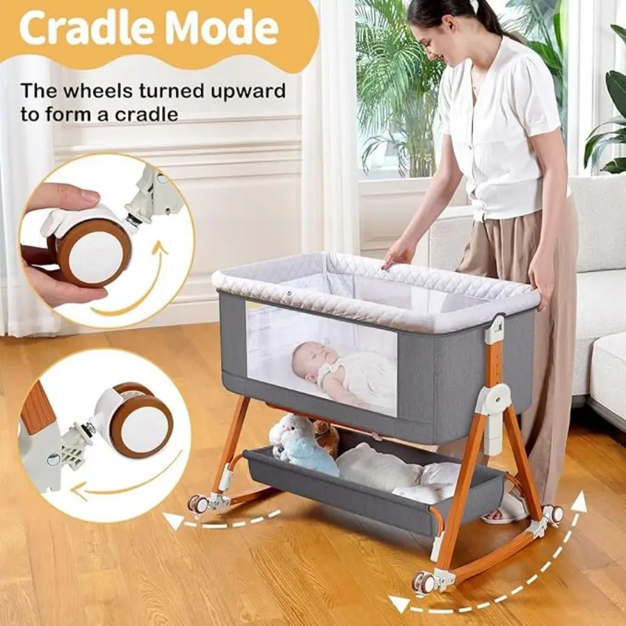 3-in-1 Baby Bassinet Bedside Sleeper Foldable Rocking Cradle with Wheels and Storage Portable Bedside Bassinet for Newborn Infant