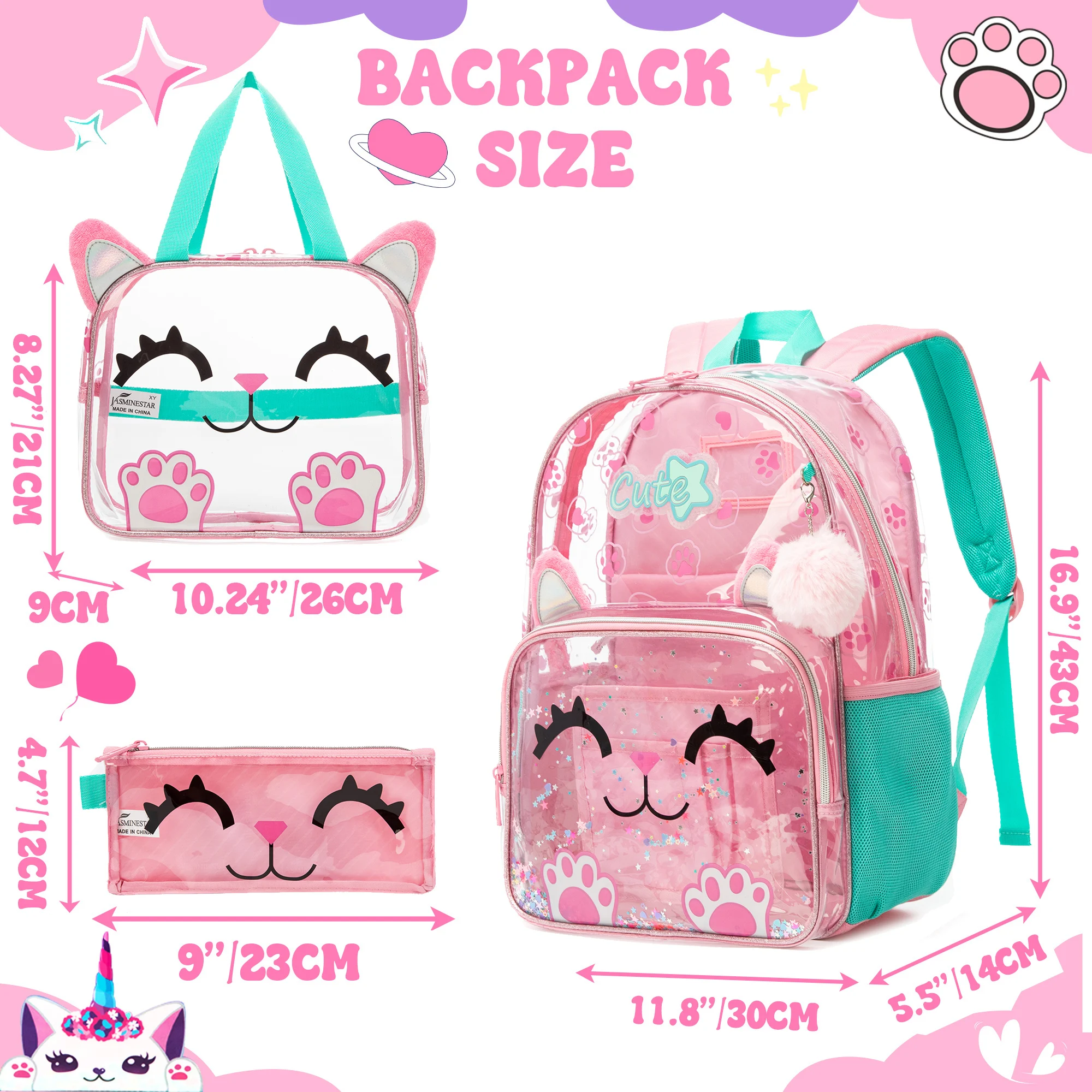 Clear Backpack Set with Lunch Box, Transparent School Bag for Boys & Girls, Kindergarten & Elementary Students