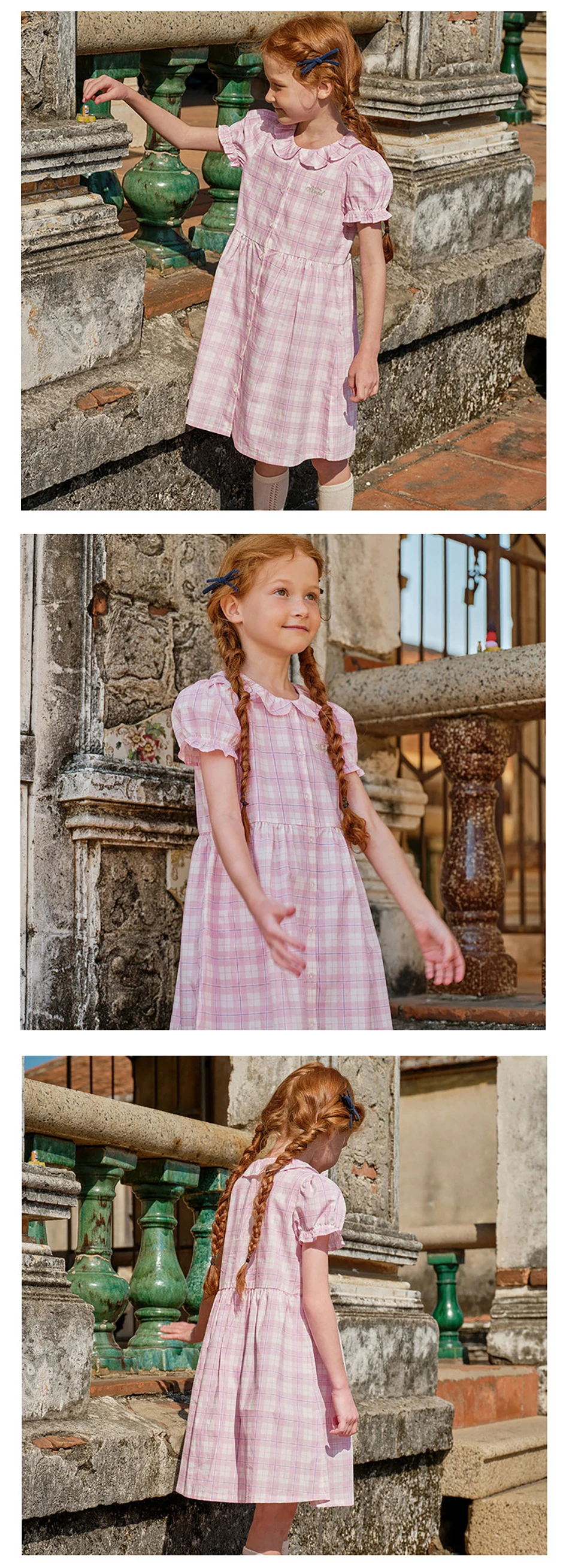 Dave Bella Girls Summer Princess Dresses 7-13 Years Pink Plaid Children Short Sleeve Party Dress Sweet Clothes DK2262159