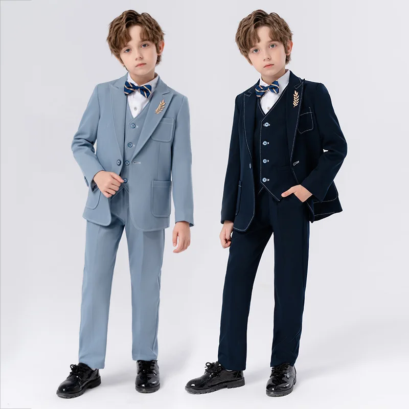 90-170 Kids Spring 5Pieces/Set Jacket Vest Pants Bowtie Brooch Party Dress Boys Host Costume Children Graduation Photograph Suit