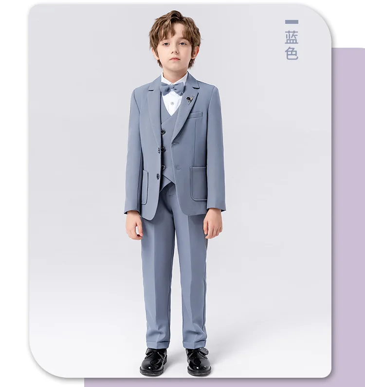 90-170 Kids Spring 5Pieces/Set Jacket Vest Pants Bowtie Brooch Party Dress Boys Host Costume Children Graduation Photograph Suit