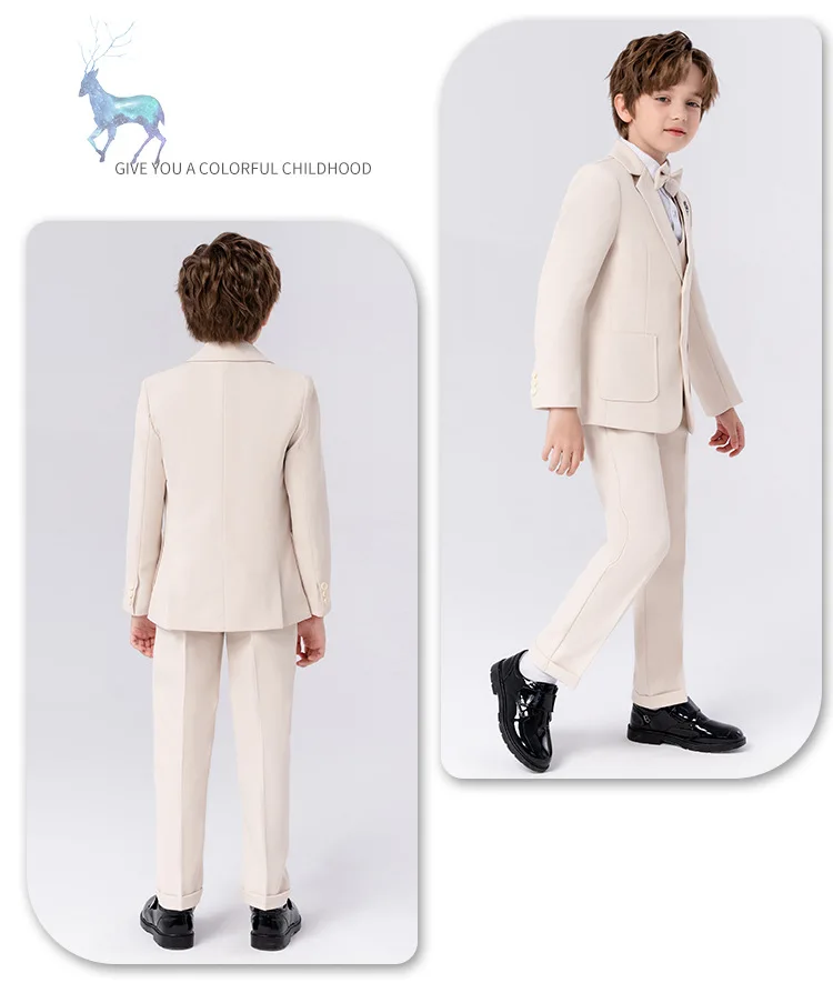 90-170 Kids Spring 5Pieces/Set Jacket Vest Pants Bowtie Brooch Party Dress Boys Host Costume Children Graduation Photograph Suit