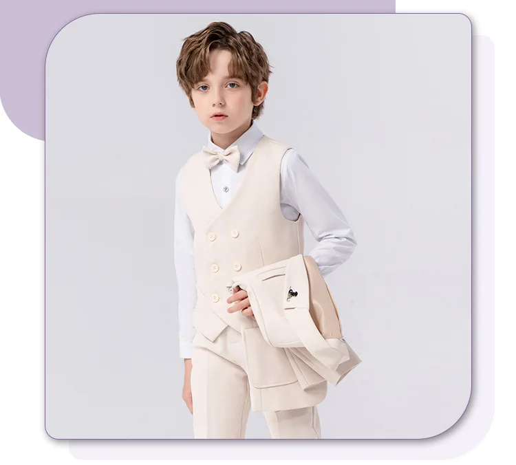90-170 Kids Spring 5Pieces/Set Jacket Vest Pants Bowtie Brooch Party Dress Boys Host Costume Children Graduation Photograph Suit
