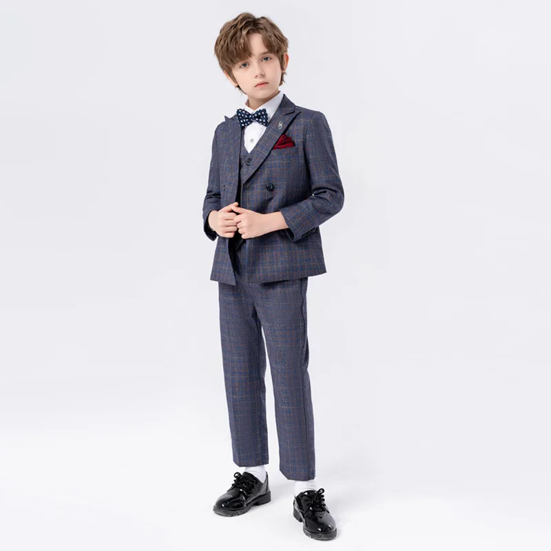 90-170 Kids Spring 5Pieces/Set Jacket Vest Pants Bowtie Brooch Party Dress Boys Host Costume Children Graduation Photograph Suit