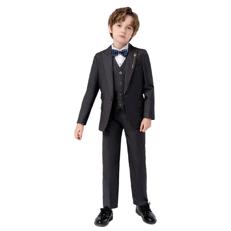 90-170 Kids Spring 5Pieces/Set Jacket Vest Pants Bowtie Brooch Party Dress Boys Host Costume Children Graduation Photograph Suit
