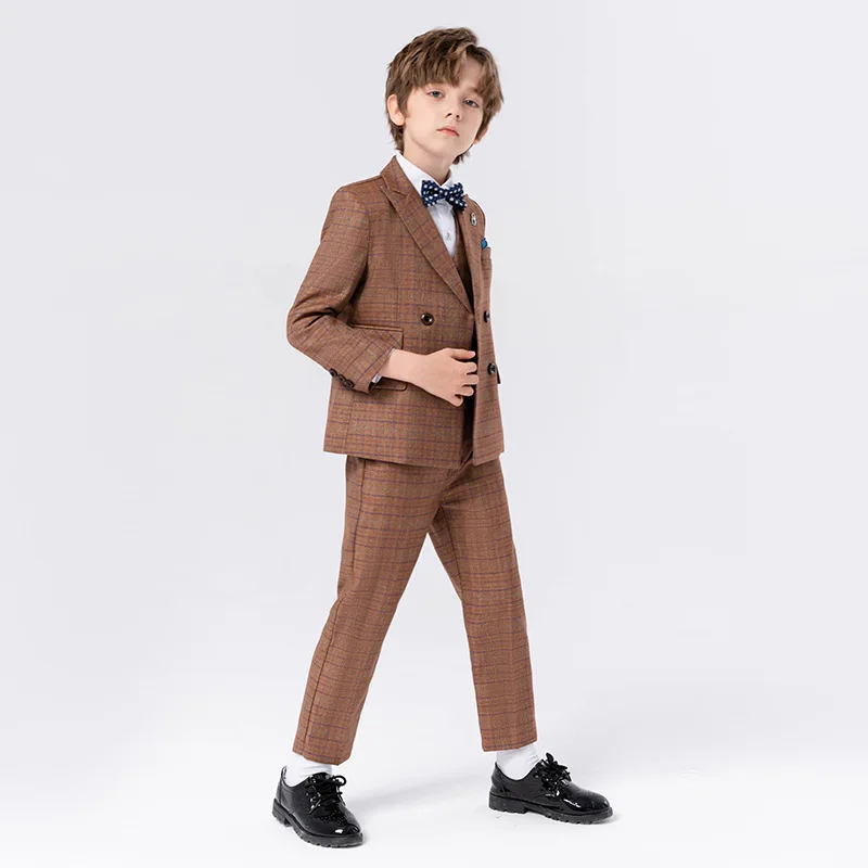 90-170 Kids Spring 5Pieces/Set Jacket Vest Pants Bowtie Brooch Party Dress Boys Host Costume Children Graduation Photograph Suit