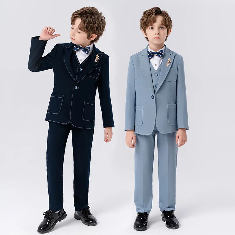 90-170 Kids Spring 5Pieces/Set Jacket Vest Pants Bowtie Brooch Party Dress Boys Host Costume Children Graduation Photograph Suit
