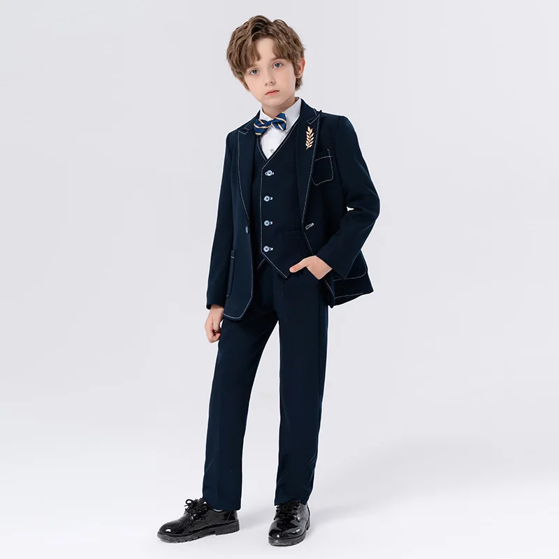 90-170 Kids Spring 5Pieces/Set Jacket Vest Pants Bowtie Brooch Party Dress Boys Host Costume Children Graduation Photograph Suit