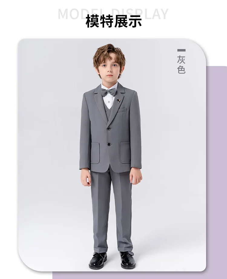 90-170 Kids Spring 5Pieces/Set Jacket Vest Pants Bowtie Brooch Party Dress Boys Host Costume Children Graduation Photograph Suit