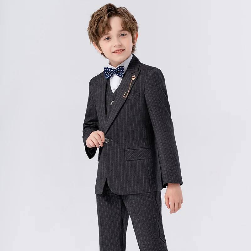 90-170 Kids Spring 5Pieces/Set Jacket Vest Pants Bowtie Brooch Party Dress Boys Host Costume Children Graduation Photograph Suit