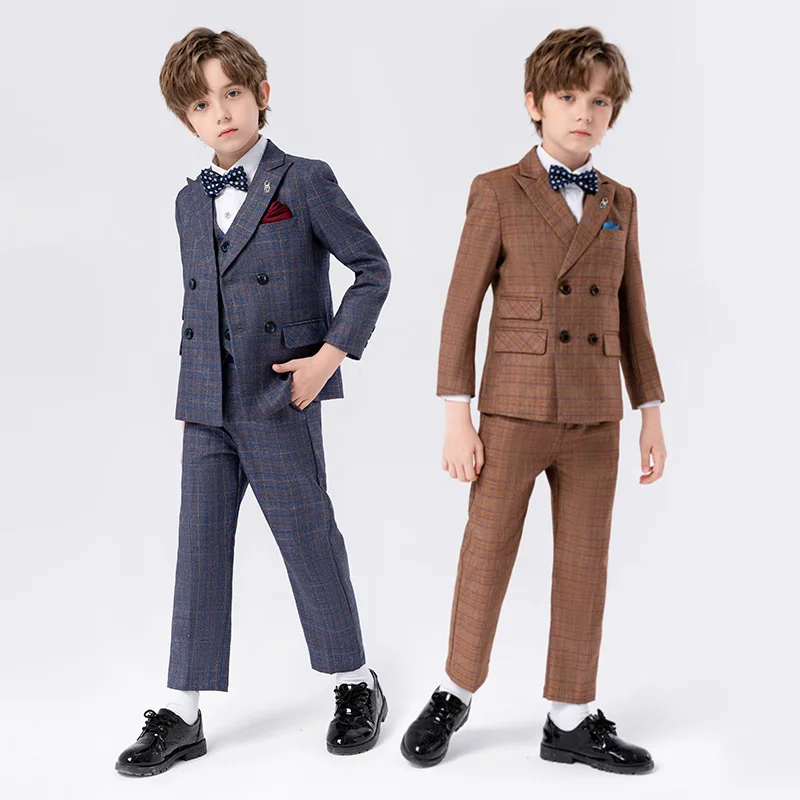 90-170 Kids Spring 5Pieces/Set Jacket Vest Pants Bowtie Brooch Party Dress Boys Host Costume Children Graduation Photograph Suit