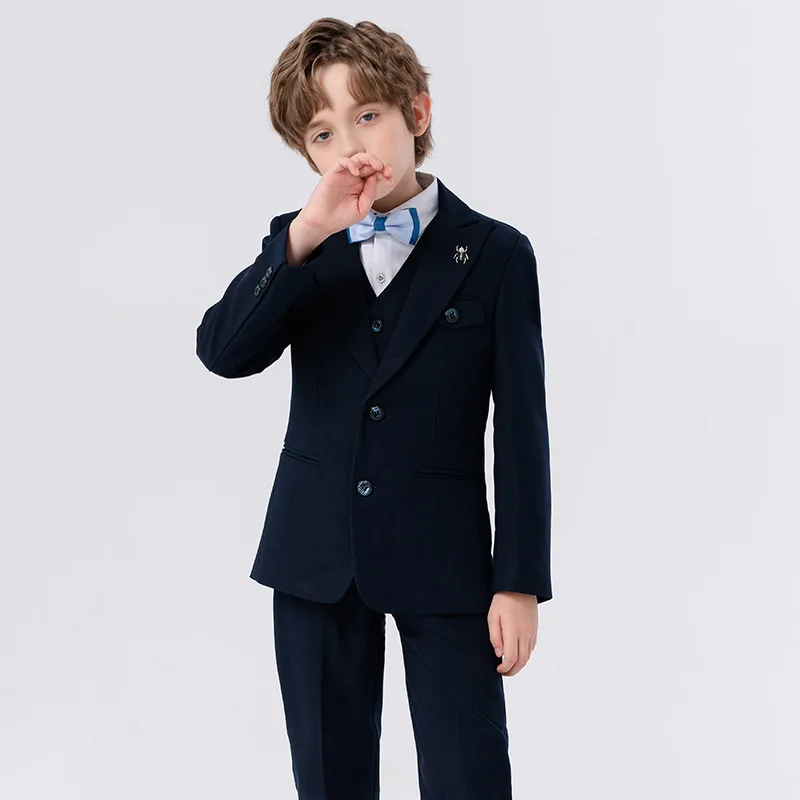 90-170 Kids Spring 5Pieces/Set Jacket Vest Pants Bowtie Brooch Party Dress Boys Host Costume Children Graduation Photograph Suit