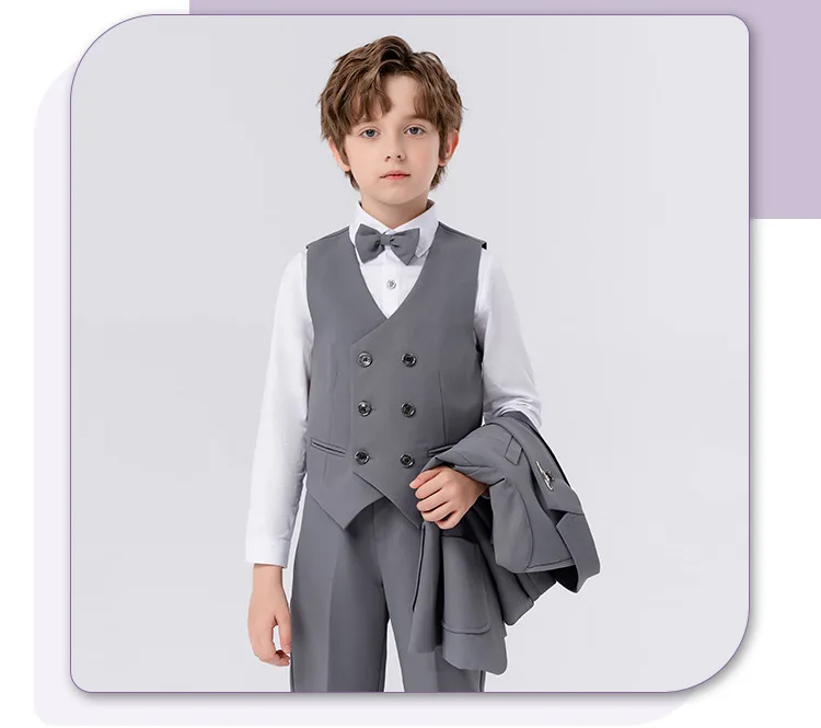 90-170 Kids Spring 5Pieces/Set Jacket Vest Pants Bowtie Brooch Party Dress Boys Host Costume Children Graduation Photograph Suit
