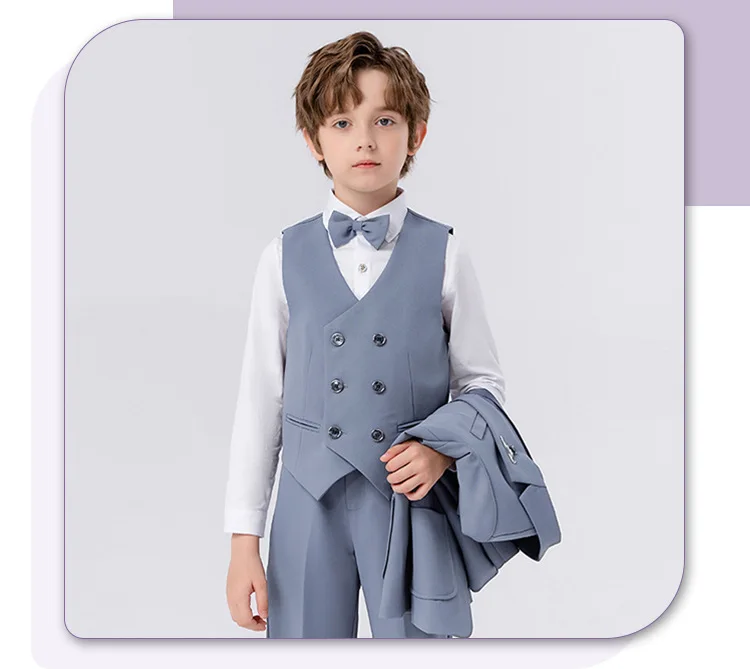 90-170 Kids Spring 5Pieces/Set Jacket Vest Pants Bowtie Brooch Party Dress Boys Host Costume Children Graduation Photograph Suit