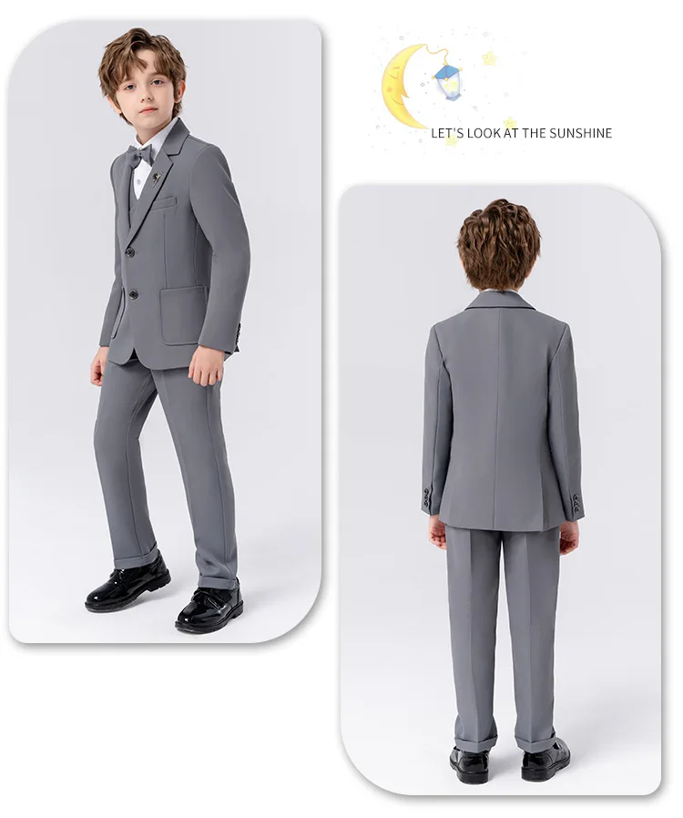 90-170 Kids Spring 5Pieces/Set Jacket Vest Pants Bowtie Brooch Party Dress Boys Host Costume Children Graduation Photograph Suit