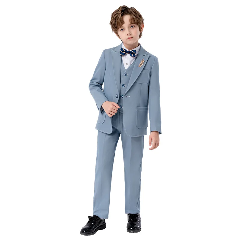 90-170 Kids Spring 5Pieces/Set Jacket Vest Pants Bowtie Brooch Party Dress Boys Host Costume Children Graduation Photograph Suit