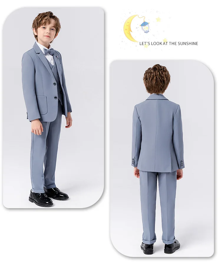90-170 Kids Spring 5Pieces/Set Jacket Vest Pants Bowtie Brooch Party Dress Boys Host Costume Children Graduation Photograph Suit
