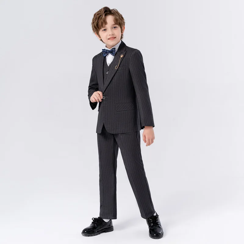90-170 Kids Spring 5Pieces/Set Jacket Vest Pants Bowtie Brooch Party Dress Boys Host Costume Children Graduation Photograph Suit