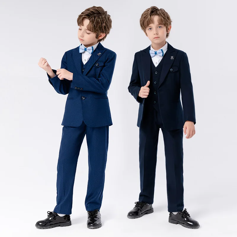 90-170 Kids Spring 5Pieces/Set Jacket Vest Pants Bowtie Brooch Party Dress Boys Host Costume Children Graduation Photograph Suit