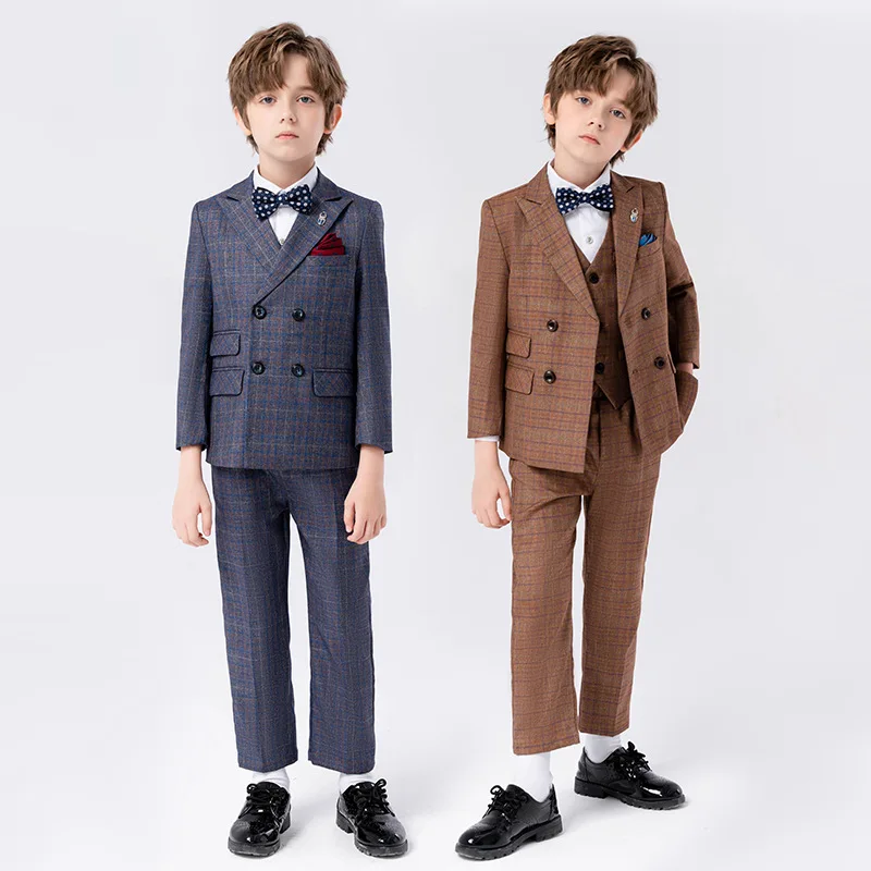 90-170 Kids Spring 5Pieces/Set Jacket Vest Pants Bowtie Brooch Party Dress Boys Host Costume Children Graduation Photograph Suit