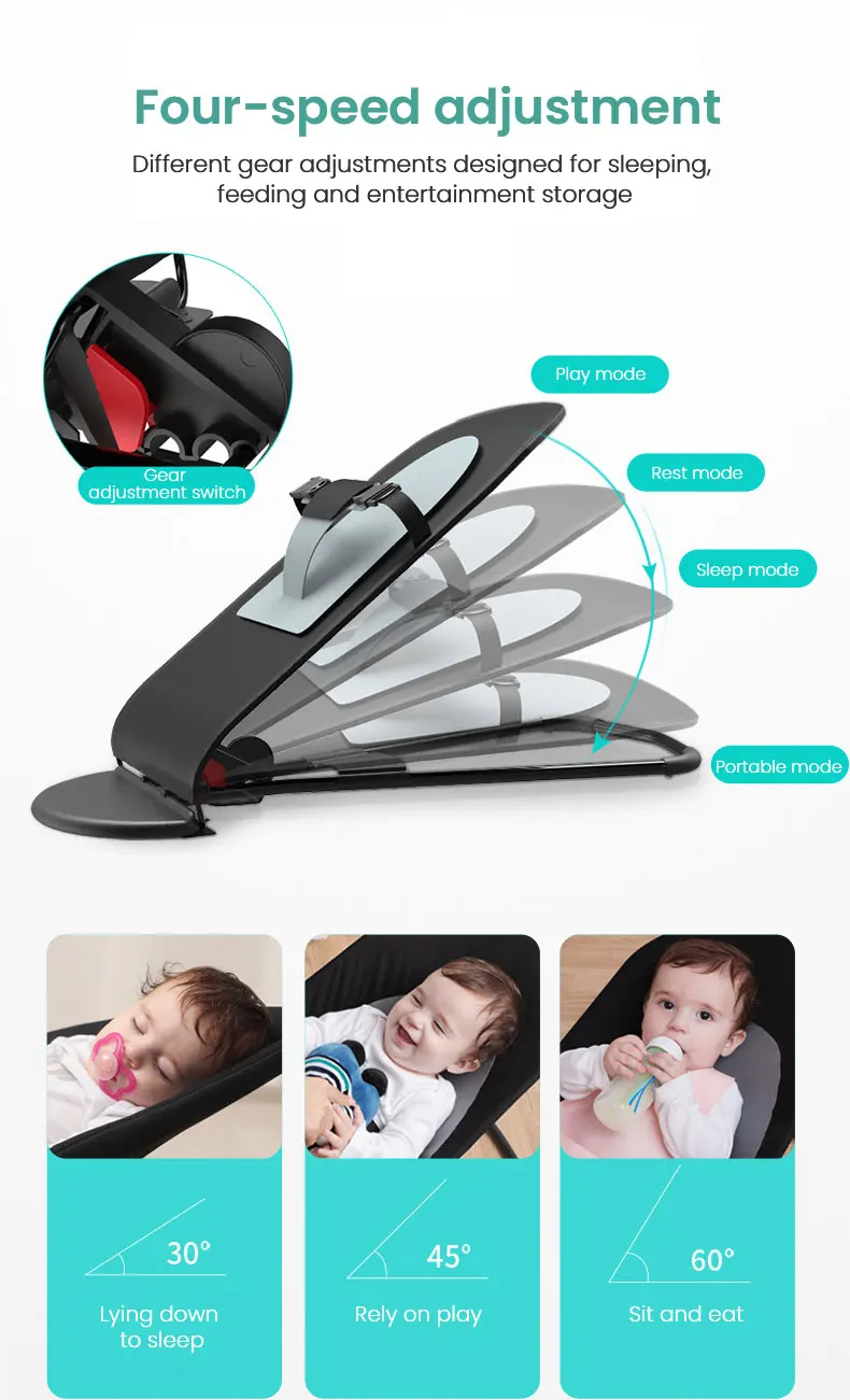 Infant Bouncer Balance Rocking Chair Soft Cotton Mesh Newborn Cradle Swing 4 Gear Adjustable Baby Recliner Chair Portable Folding Toddler Rocker Lounge with Safety Harness Protective Toy Bar No Plug-in Soothing Motion Chair 0-36M