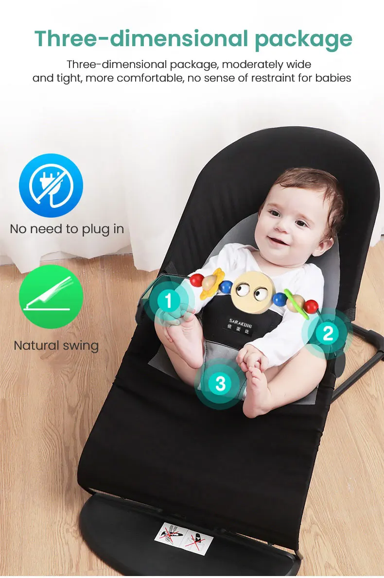Infant Bouncer Balance Rocking Chair Soft Cotton Mesh Newborn Cradle Swing 4 Gear Adjustable Baby Recliner Chair Portable Folding Toddler Rocker Lounge with Safety Harness Protective Toy Bar No Plug-in Soothing Motion Chair 0-36M