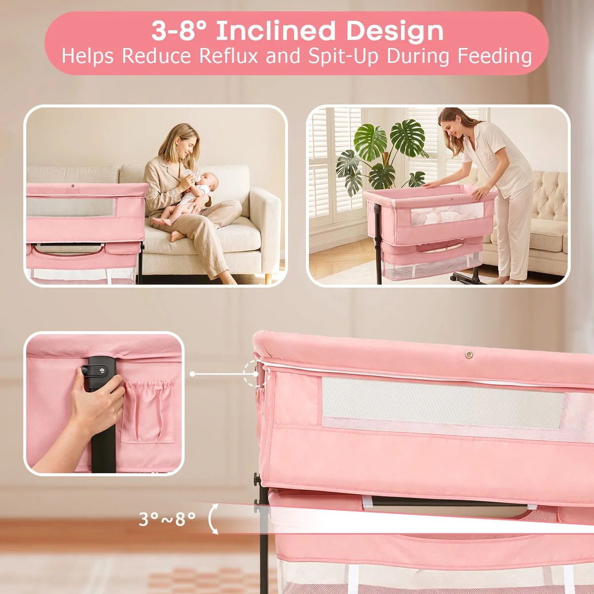 Baby Bedside Bassinet, Height‑Adjustable Co‑Sleeper Bedside Crib with Mosquito Canopy, Sturdy I‑Shape Frame Portable Baby Bassinet with Storage Pocket & Lockable Wheels for Newborn Infant, 3‑Color Available Pink / Light Gray / Dark Gray