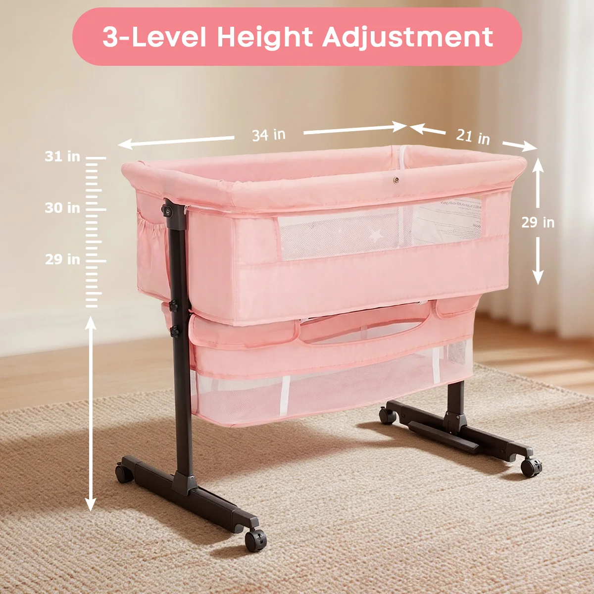 Baby Bedside Bassinet, Height‑Adjustable Co‑Sleeper Bedside Crib with Mosquito Canopy, Sturdy I‑Shape Frame Portable Baby Bassinet with Storage Pocket & Lockable Wheels for Newborn Infant, 3‑Color Available Pink / Light Gray / Dark Gray