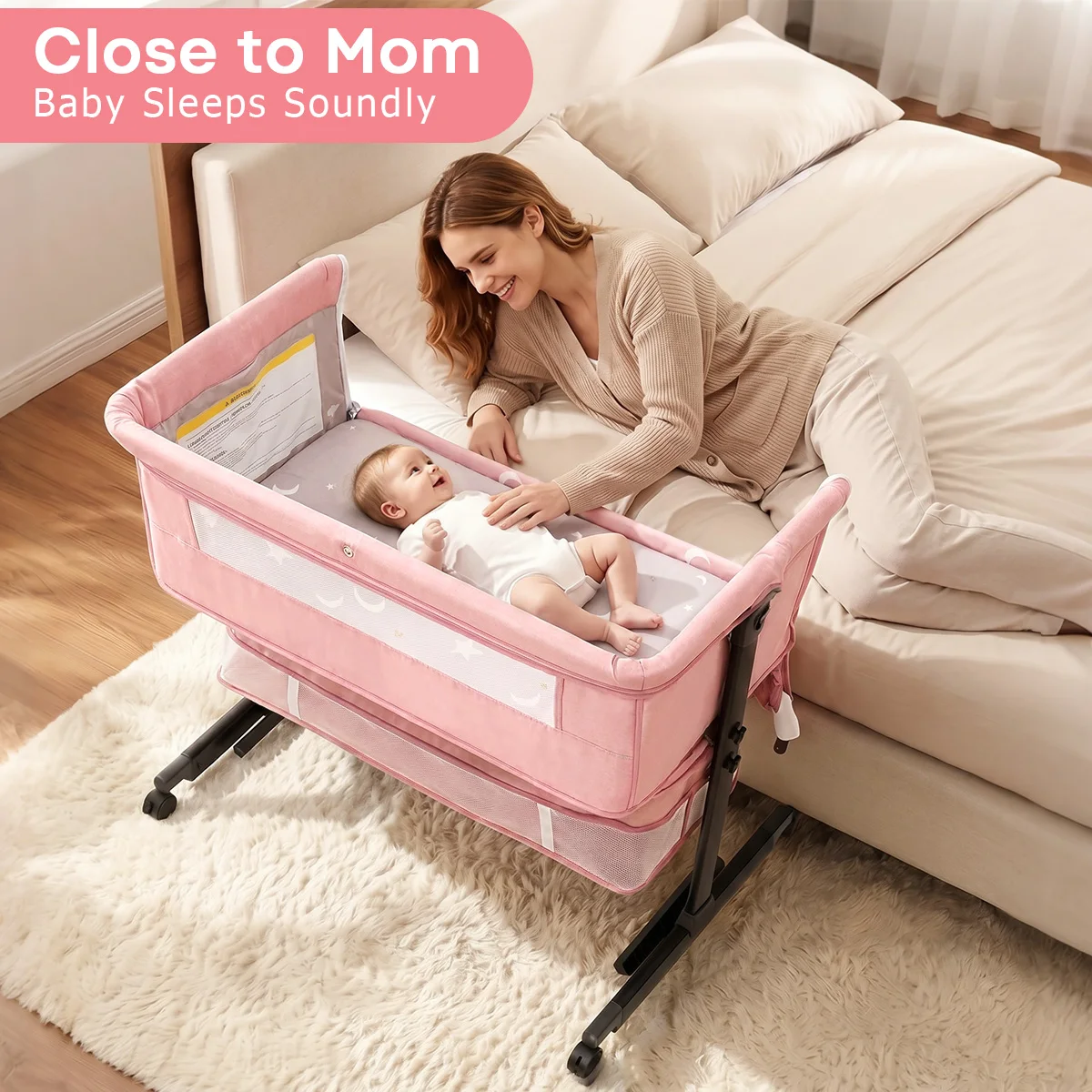 Baby Bedside Bassinet, Height‑Adjustable Co‑Sleeper Bedside Crib with Mosquito Canopy, Sturdy I‑Shape Frame Portable Baby Bassinet with Storage Pocket & Lockable Wheels for Newborn Infant, 3‑Color Available Pink / Light Gray / Dark Gray