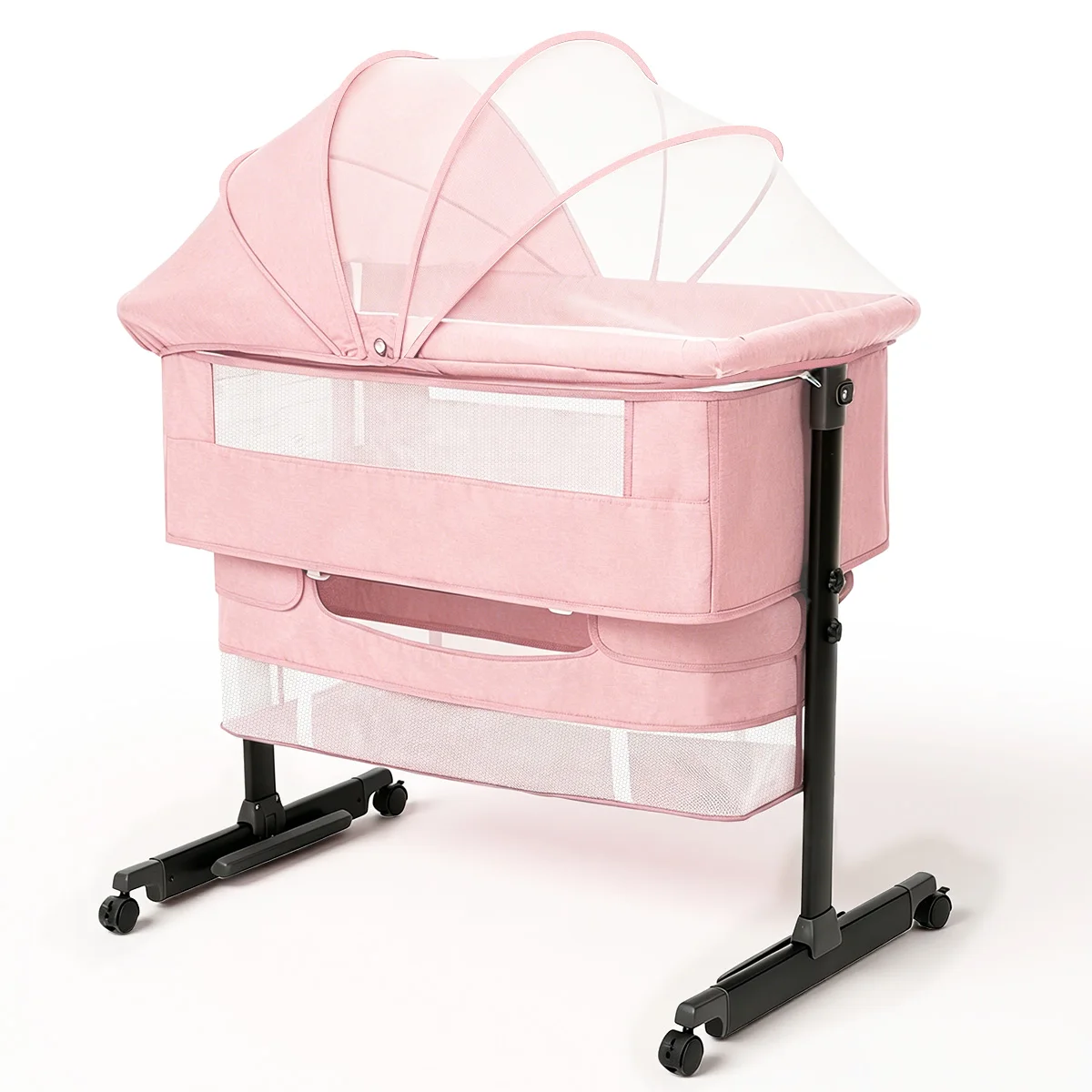 Baby Bedside Bassinet, Height‑Adjustable Co‑Sleeper Bedside Crib with Mosquito Canopy, Sturdy I‑Shape Frame Portable Baby Bassinet with Storage Pocket & Lockable Wheels for Newborn Infant, 3‑Color Available Pink / Light Gray / Dark Gray