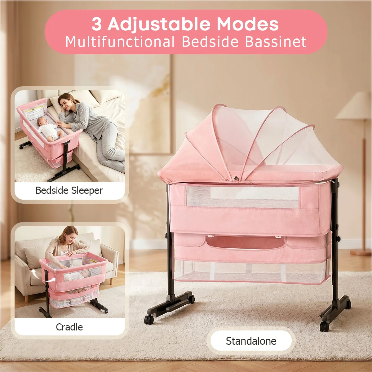 Baby Bedside Bassinet, Height‑Adjustable Co‑Sleeper Bedside Crib with Mosquito Canopy, Sturdy I‑Shape Frame Portable Baby Bassinet with Storage Pocket & Lockable Wheels for Newborn Infant, 3‑Color Available Pink / Light Gray / Dark Gray