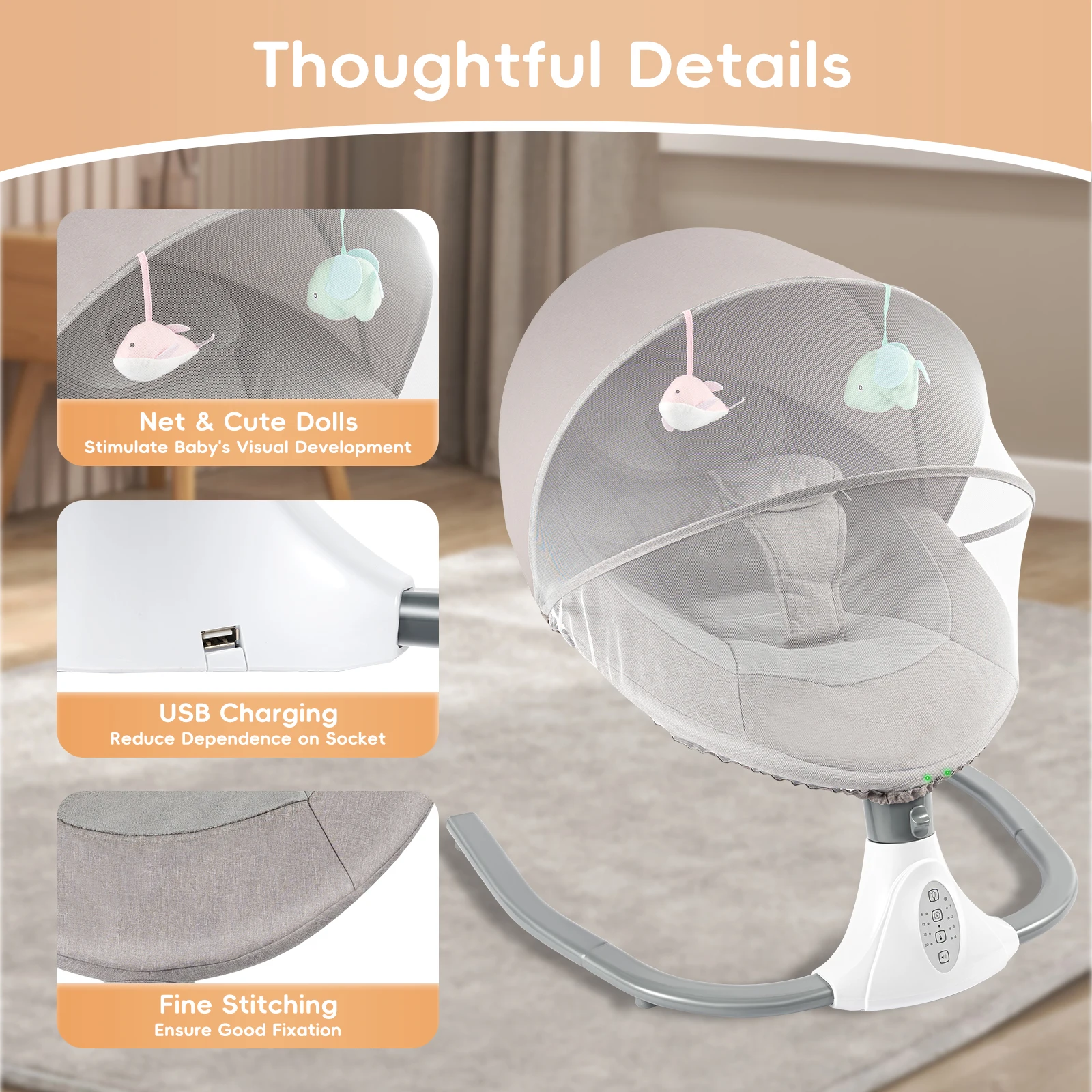 Remote Control Electric Baby Swing Chair Max Load 18kg 4 Gear Swing Angle Timing Bluetooth Music Sunshade Mosquito Net Safety