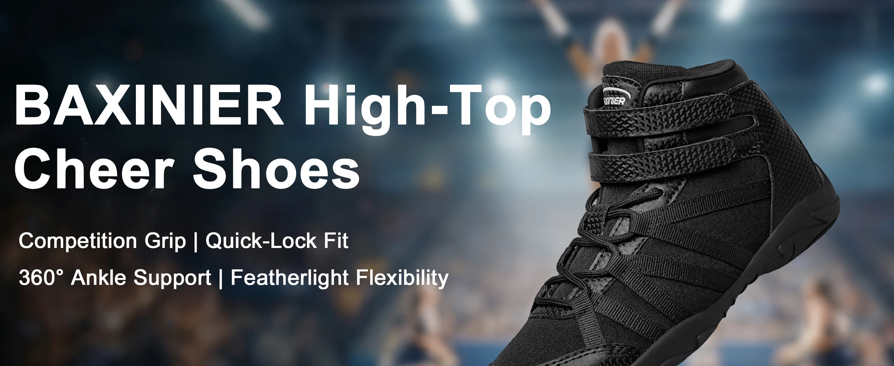 BAXINIER Black High Top Cheer Shoes for Youth Girls Boys Cheerleading Sneakers Ankle Support Breathable Mesh Hook Loop Closure Soft Insole Anti-Slip Rubber Outsole Athletic Training Dance