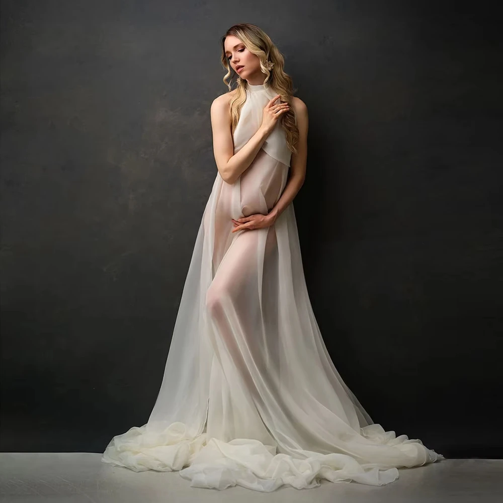 See Through Maternity Dress for Photo Shoot White Pregnancy Gown Floor Length Floating Tulle Pregnant Photography Props