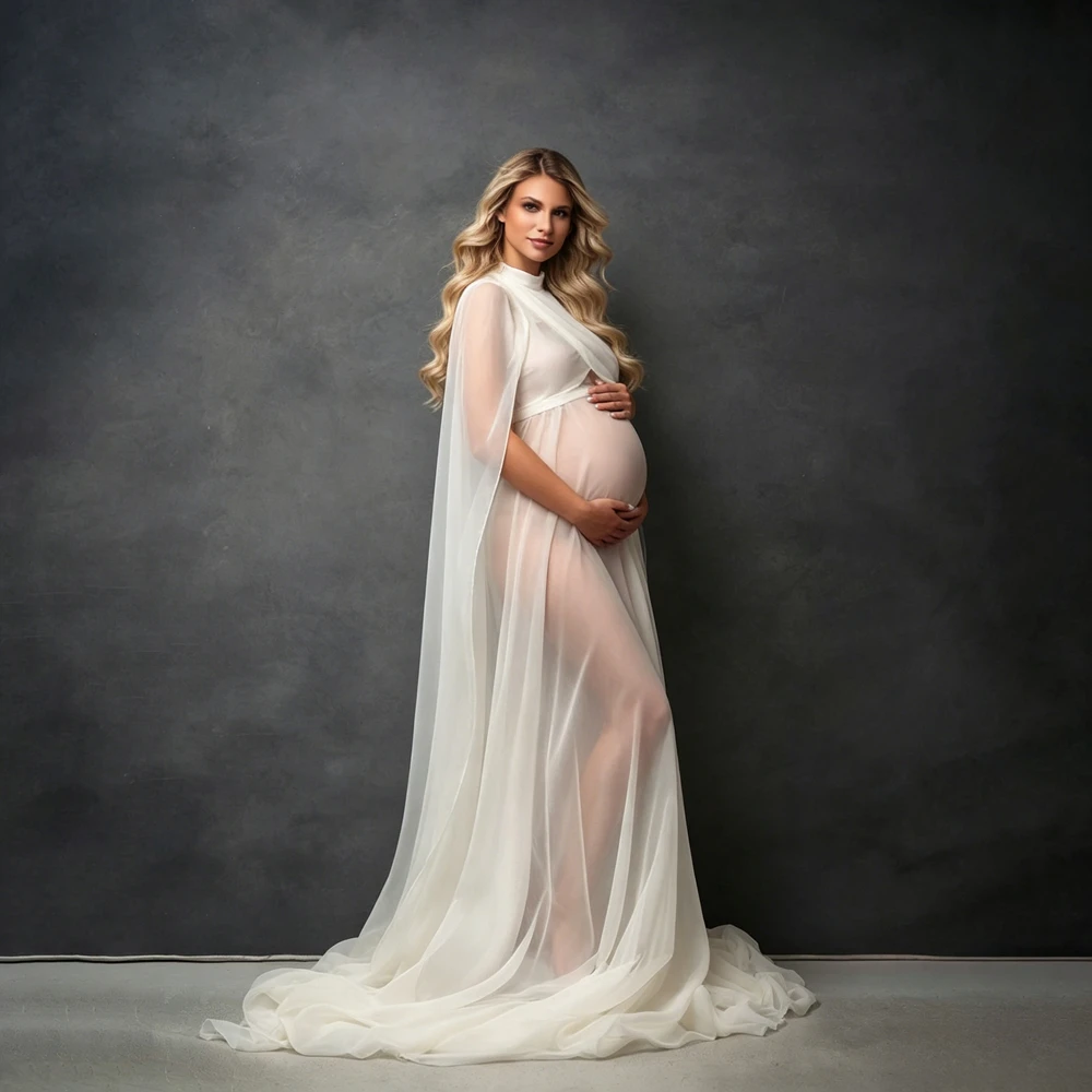 See Through Maternity Dress for Photo Shoot White Pregnancy Gown Floor Length Floating Tulle Pregnant Photography Props
