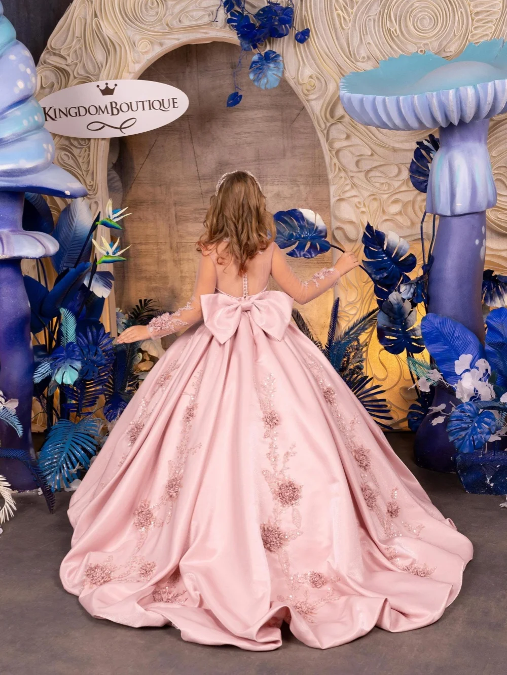 Blush Pink Satin Flower Girl Dress Luxurious Beaded 3D Floral Long Princess Gown For Kids Birthday Party Pageant Dress2-14Y