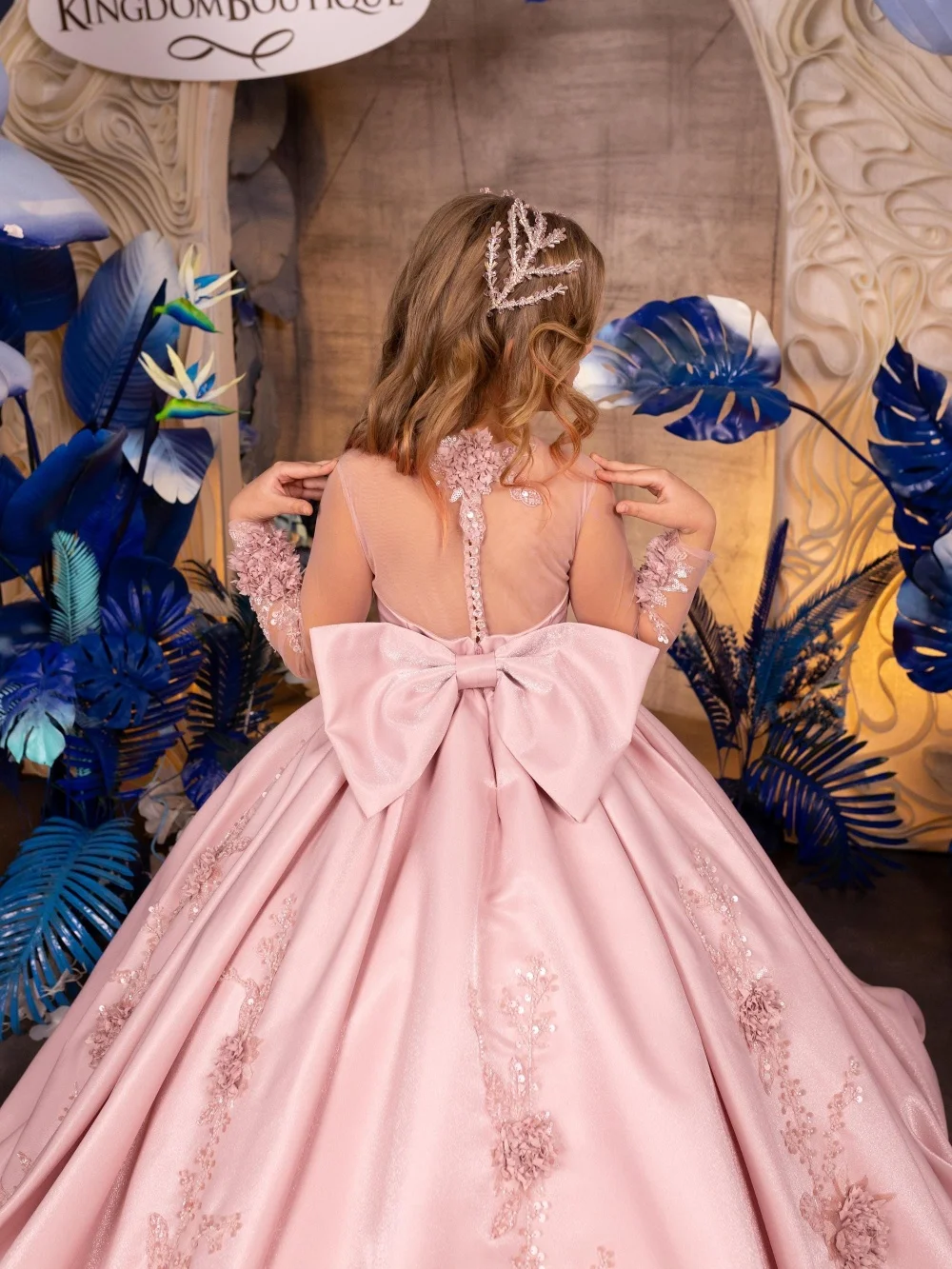 Blush Pink Satin Flower Girl Dress Luxurious Beaded 3D Floral Long Princess Gown For Kids Birthday Party Pageant Dress2-14Y