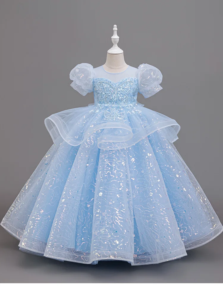 New High-End Luxury Flower Girl Wedding Show Performance Dress for Girls, Puff Sleeve Sequin Princess Dress