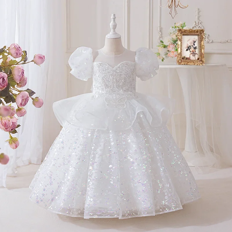 New High-End Luxury Flower Girl Wedding Show Performance Dress for Girls, Puff Sleeve Sequin Princess Dress