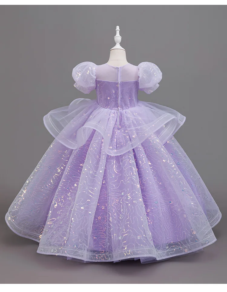 New High-End Luxury Flower Girl Wedding Show Performance Dress for Girls, Puff Sleeve Sequin Princess Dress