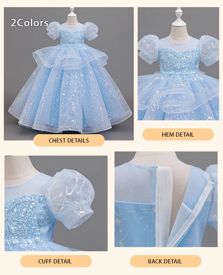 New High-End Luxury Flower Girl Wedding Show Performance Dress for Girls, Puff Sleeve Sequin Princess Dress