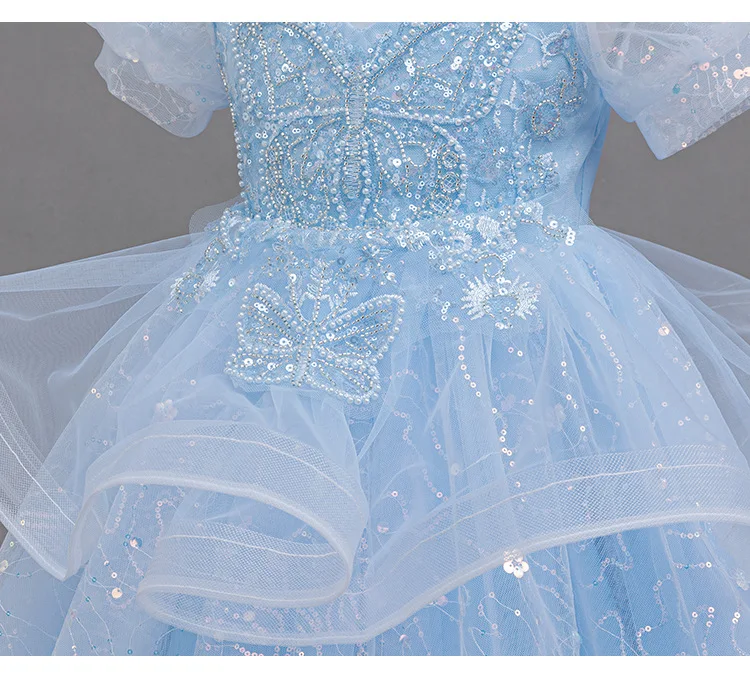 New High-End Luxury Flower Girl Wedding Show Performance Dress for Girls, Puff Sleeve Sequin Princess Dress