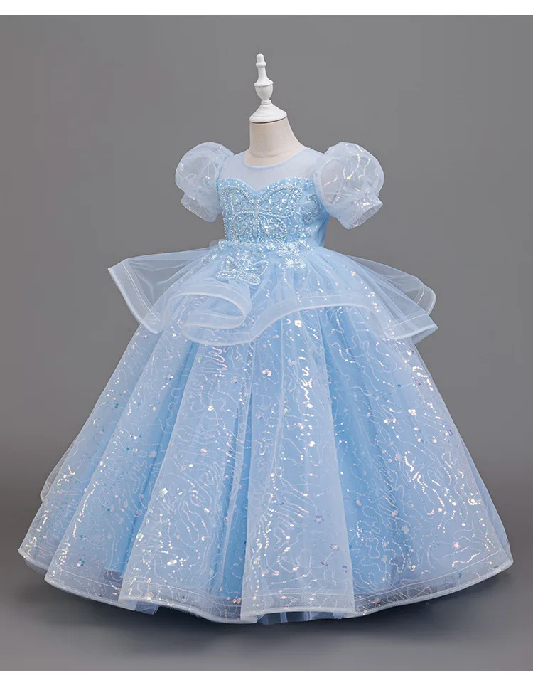 New High-End Luxury Flower Girl Wedding Show Performance Dress for Girls, Puff Sleeve Sequin Princess Dress