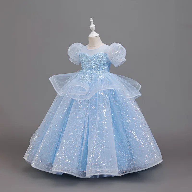 New High-End Luxury Flower Girl Wedding Show Performance Dress for Girls, Puff Sleeve Sequin Princess Dress