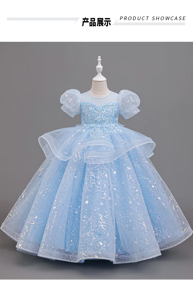 New High-End Luxury Flower Girl Wedding Show Performance Dress for Girls, Puff Sleeve Sequin Princess Dress