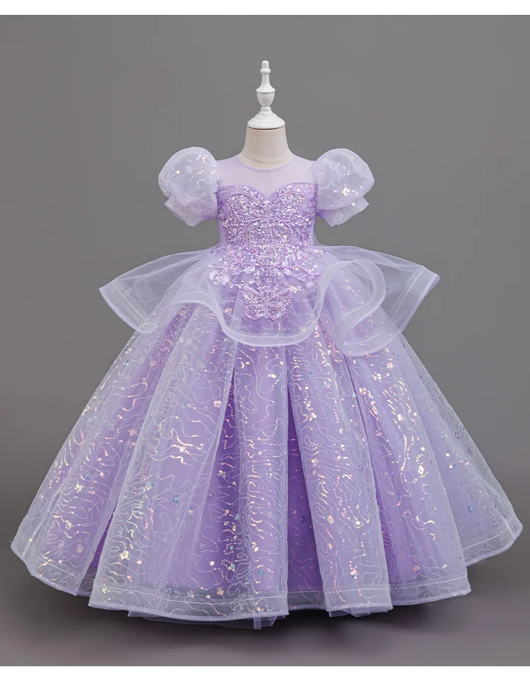 New High-End Luxury Flower Girl Wedding Show Performance Dress for Girls, Puff Sleeve Sequin Princess Dress