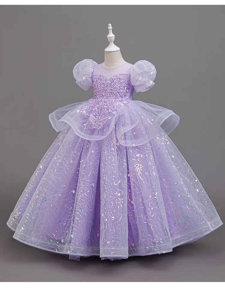 New High-End Luxury Flower Girl Wedding Show Performance Dress for Girls, Puff Sleeve Sequin Princess Dress