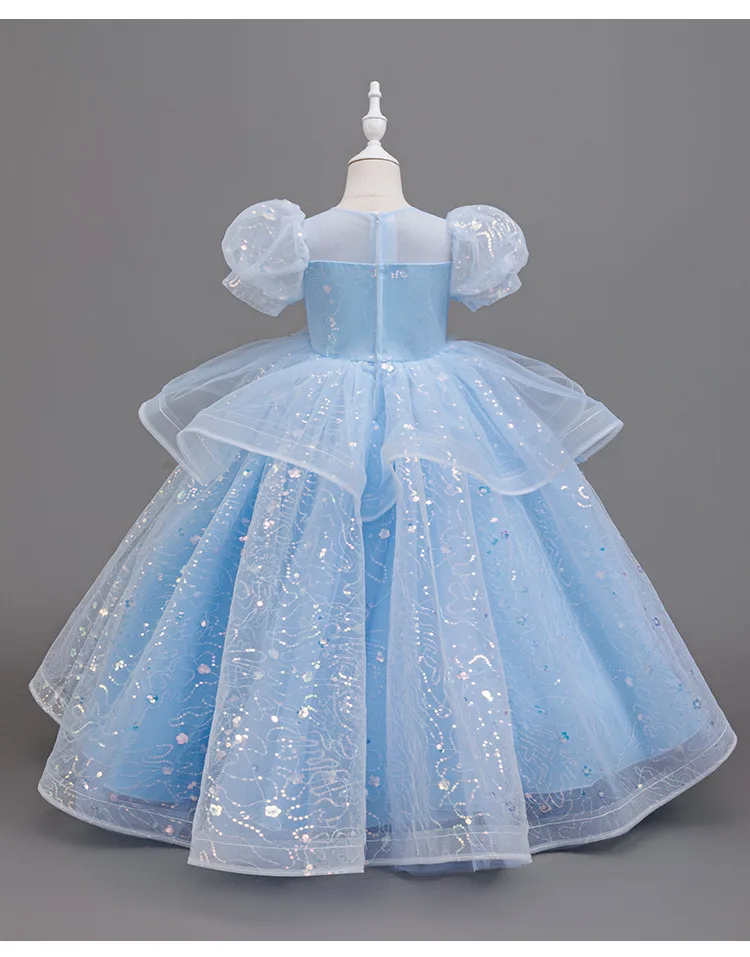 New High-End Luxury Flower Girl Wedding Show Performance Dress for Girls, Puff Sleeve Sequin Princess Dress