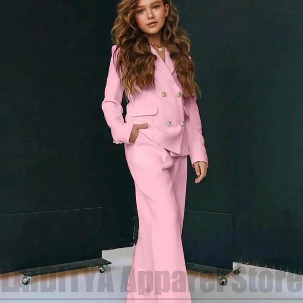 Girls Double Breasted Suit Blazer Wide Leg Pants Elegant Formal Outfit Birthday Wedding Party Kids Fashion Clothes Set 2 Piece